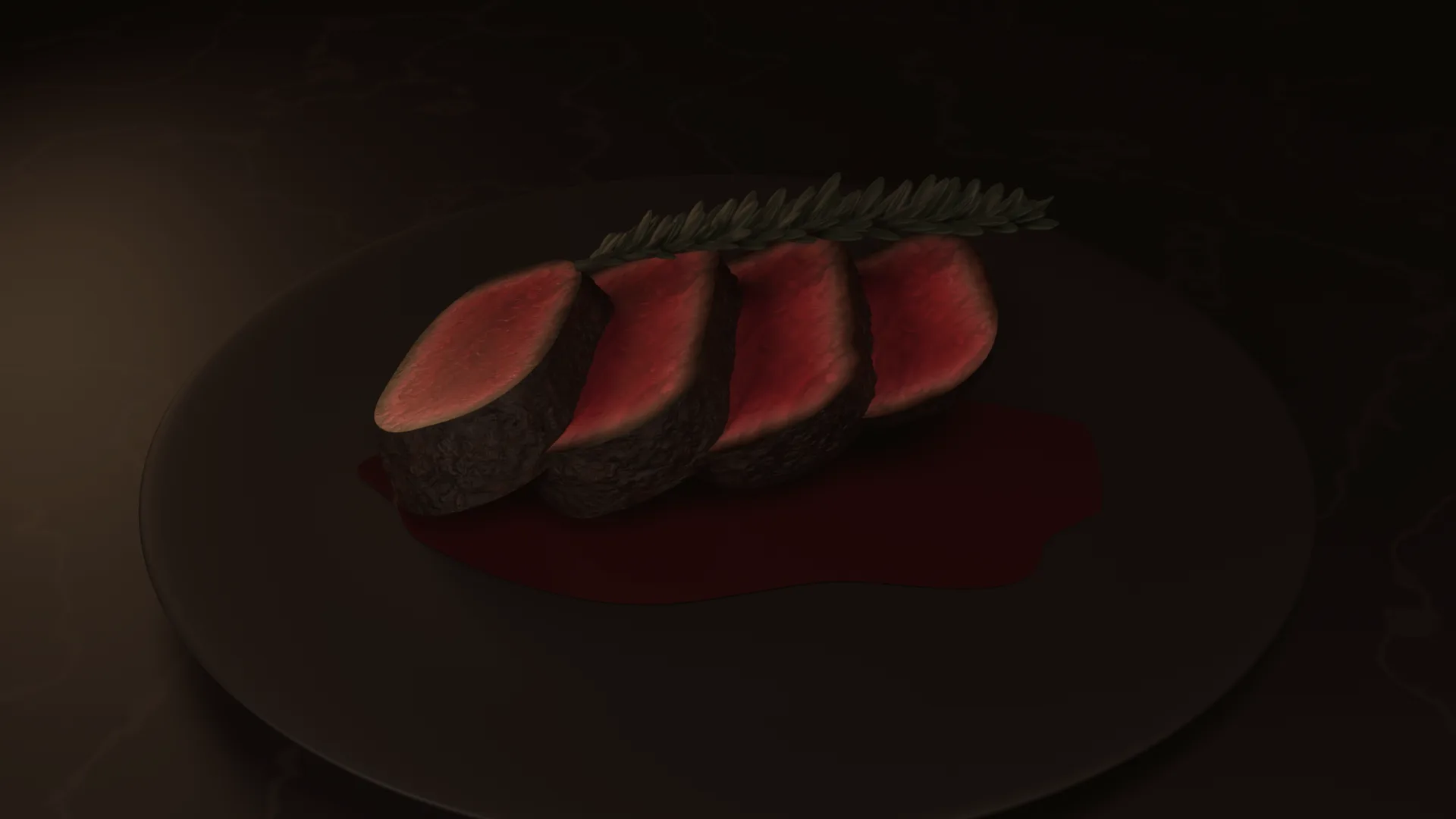 Sliced filet on a black plate with red-wine jus, on black marble